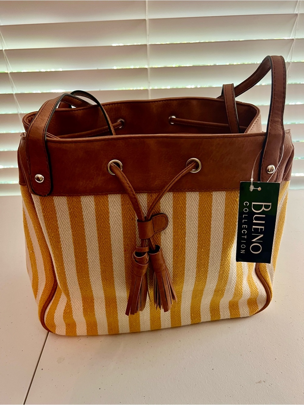 Bueno Yellow and White Striped Hobo with Brown Trim and Tassels